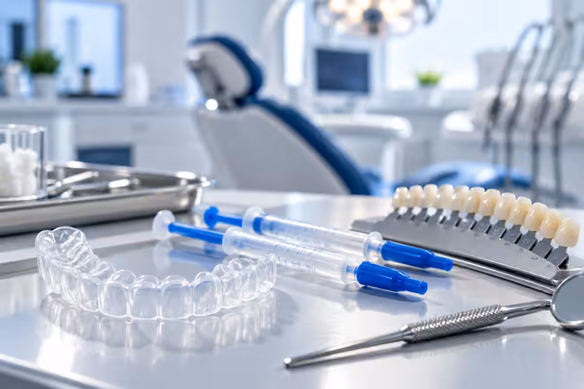 Gouttière transparente, seringues de gel et teintier dentaire dans un cabinet de soins